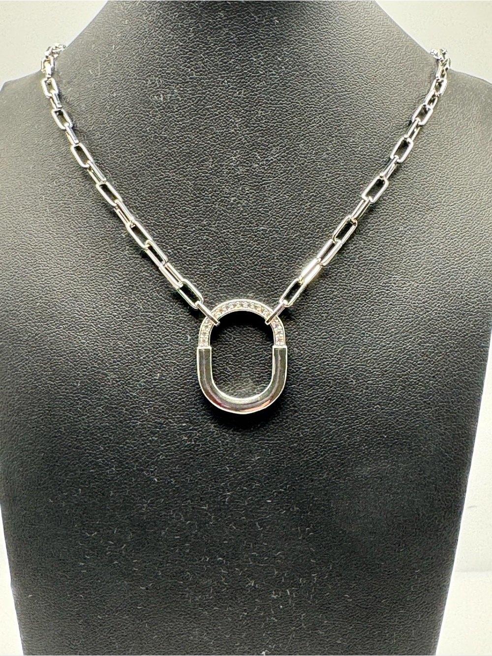 Paper Clip Link Necklace with Oval Pavé Accent-White Gold plated 16-18 inches